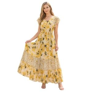 Figueroa & Flower Yellow Floral Tiered Maxi Dress XL Ruffle Sleeve Boho Cottage